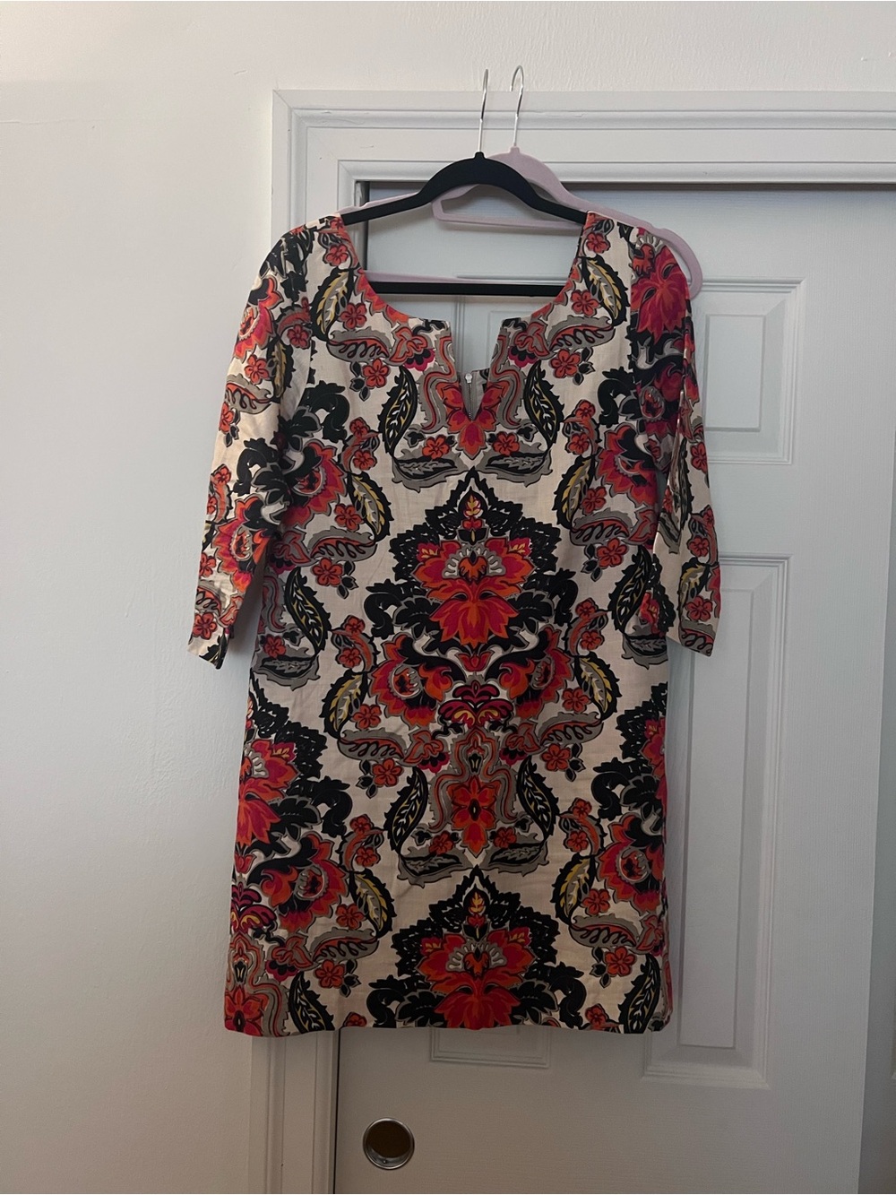 J. Crew Cream Midi Dress with Red and Black Floral Medallion Print